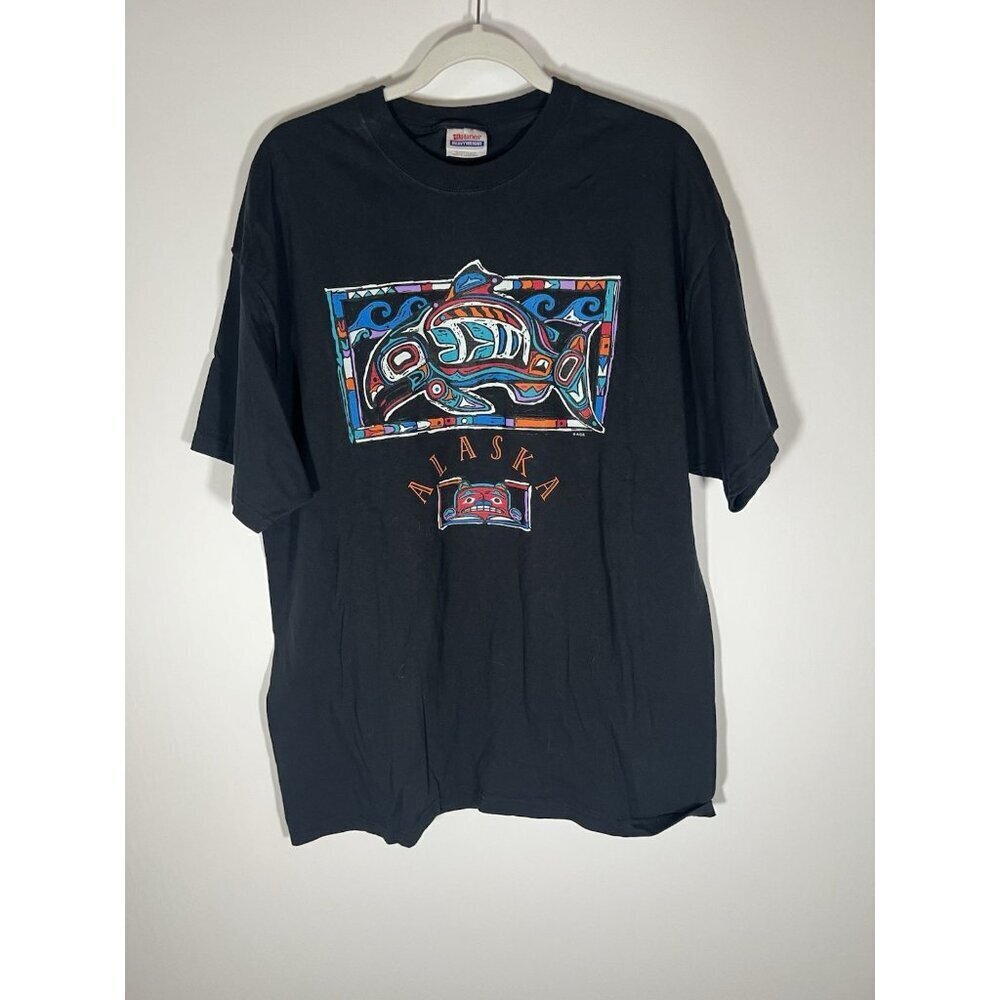 Vintage Y2K Hanes black neon Alaska fish graphic aztec tshirt XL tribal